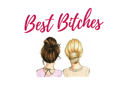 White seed paper greeting card with "Best Bitches" in pink and two girls, blonde and brunette from behind