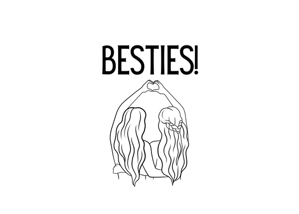 White seed paper greeting card saying "Besties", the back of tow long haired girls making a heart with their hands.