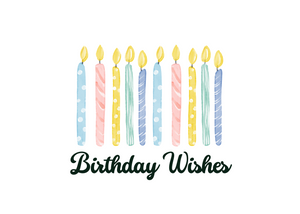 White seed paper greeting card saying "Birthday Wishes" with pastel coloured birthday candles