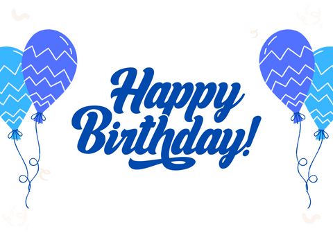 White seed paper greeting card saying "Happy Birthday" in blue with blue balloons