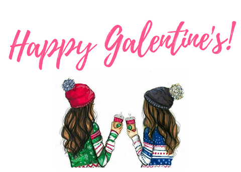 White seed paper greeting cards with two girls with hot drinks saying "Happy Galentine's"