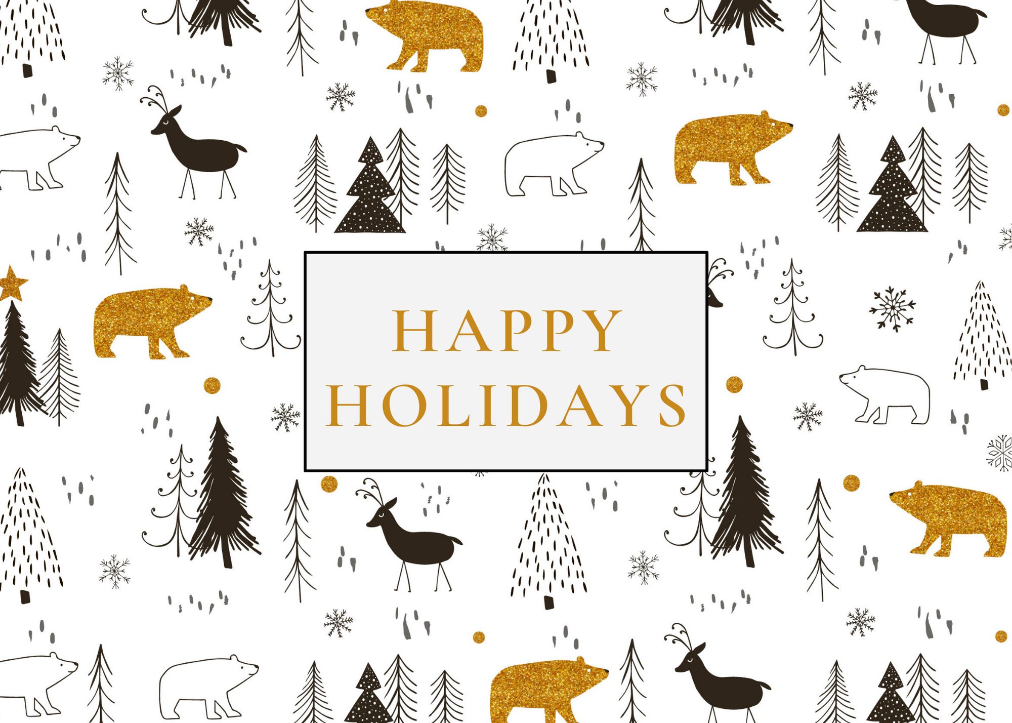 White seed paper greeting cards says "Happy Holidays" with black white and gold forest animals and trees