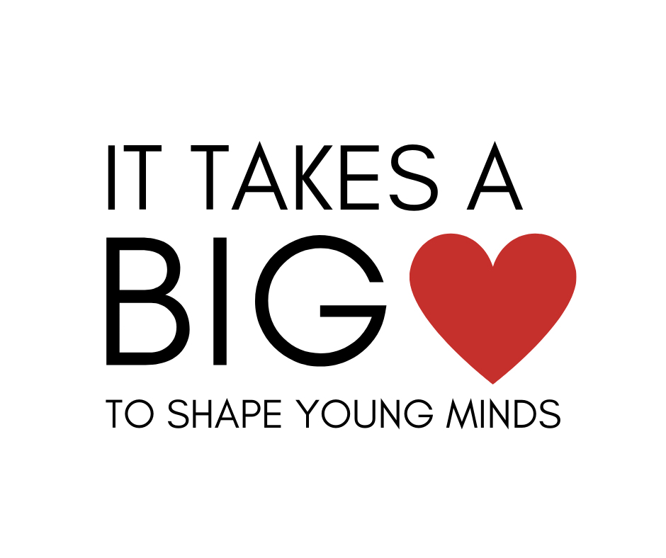 White seed paper greeting card saying "It takes a big (heart) to shape young minds"