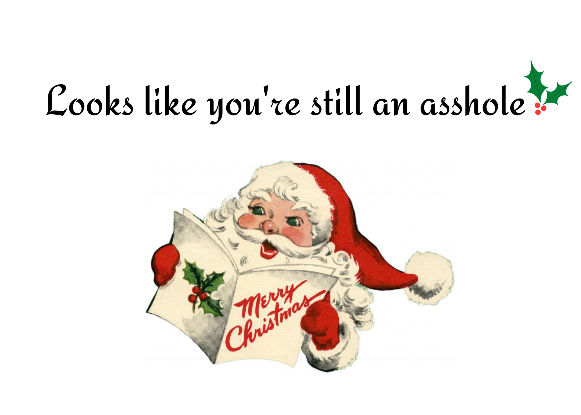 White seed paper greeting card says "Looks like you're still an asshole" with vintage Santa