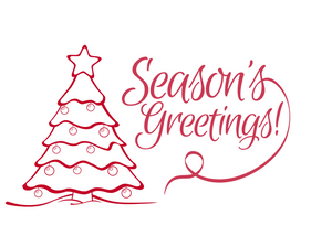 White seed paper greeting card says "Season's Greetings" in red with red Christmas tree