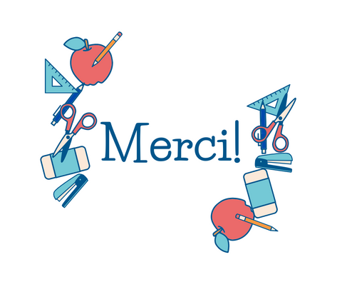 White seed paper greeting card saying "Merci!" with school designs