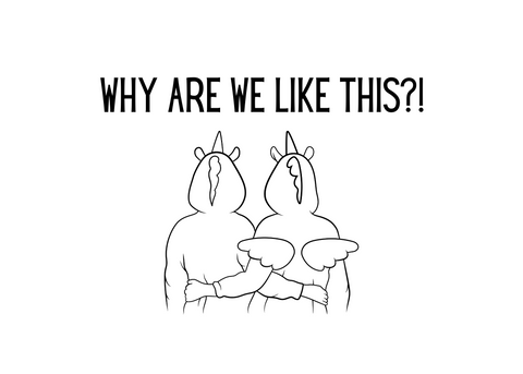 White seed paper greeting card saying "Why are we like this?!" with back of two people hugging wearing unicorn hats