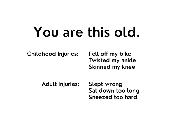 White seed paper greeting card saying "You are this old.  Childhood injuries - fell off my bike, twisted my ankle, skinned my knee.  Adult injuries - slept wrong, sat down too long, sneezed too hard