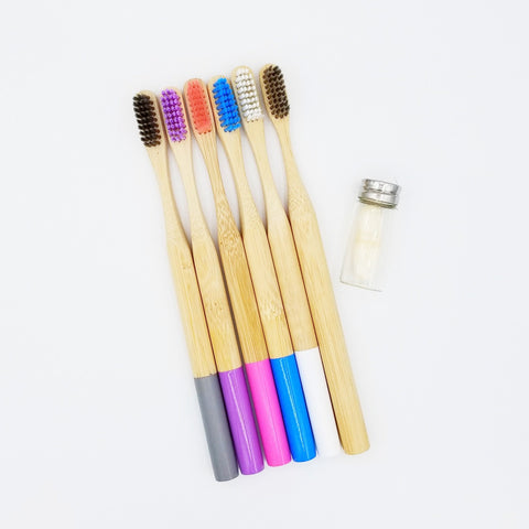 6 bamboo toothbrushes of different colours with compostable dental floss container.  Grey, Purple, Pink, Blue, White and Plain (no colour) toothbrushes.