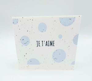 Plantable seed card with blue circles "Je T'aime"