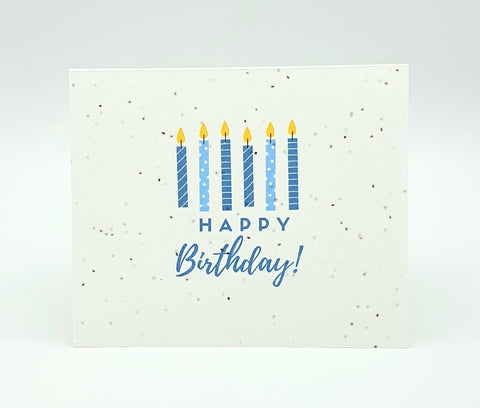 Plantable seed card with "Happy Birthday" and blue candles.