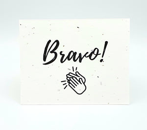Plantable seed card with "Bravo!" in black cursive and clapping hands image.