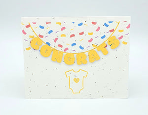 Plantable seed card with yellow onesie and "Congrats" in yellow as a banner.