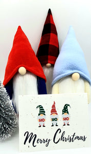 Plantable seed paper card Merry Christmas three gnomes each holding Ho Ho Ho with three actual gnomes (actual plush gnomes not for sale).