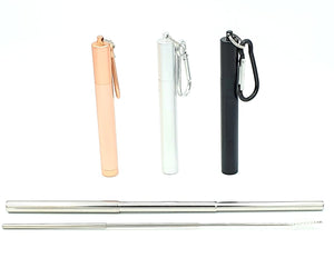 Reusable stainless steel telescopic straw and brush with three carrying cases - rose gold, silver and black.