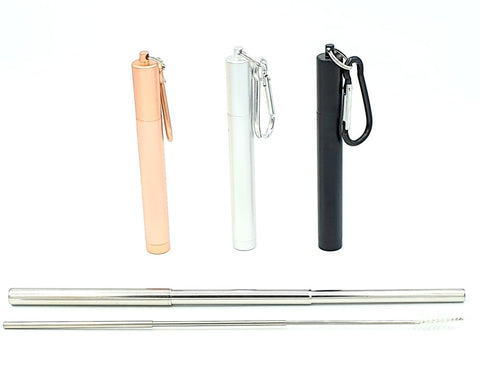 Reusable stainless steel telescopic straw and brush with three carrying cases - rose gold, silver and black.