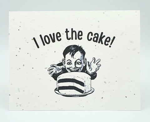 Plantable seed card boy grabbing at a cake "I love the cake!"
