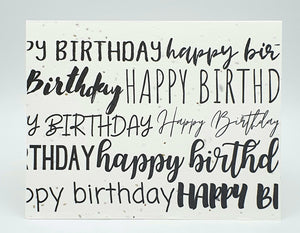 Plantable seed paper card with various Happy Birthday messages in black ink in different fonts.