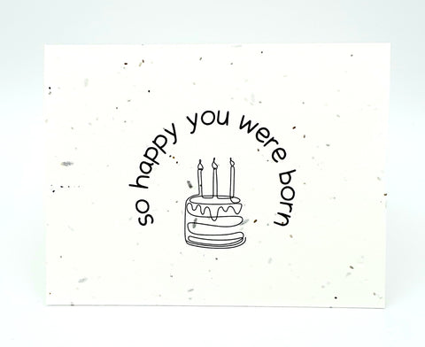 Plantable seed card with "so happy you were born" and a line are cake design.