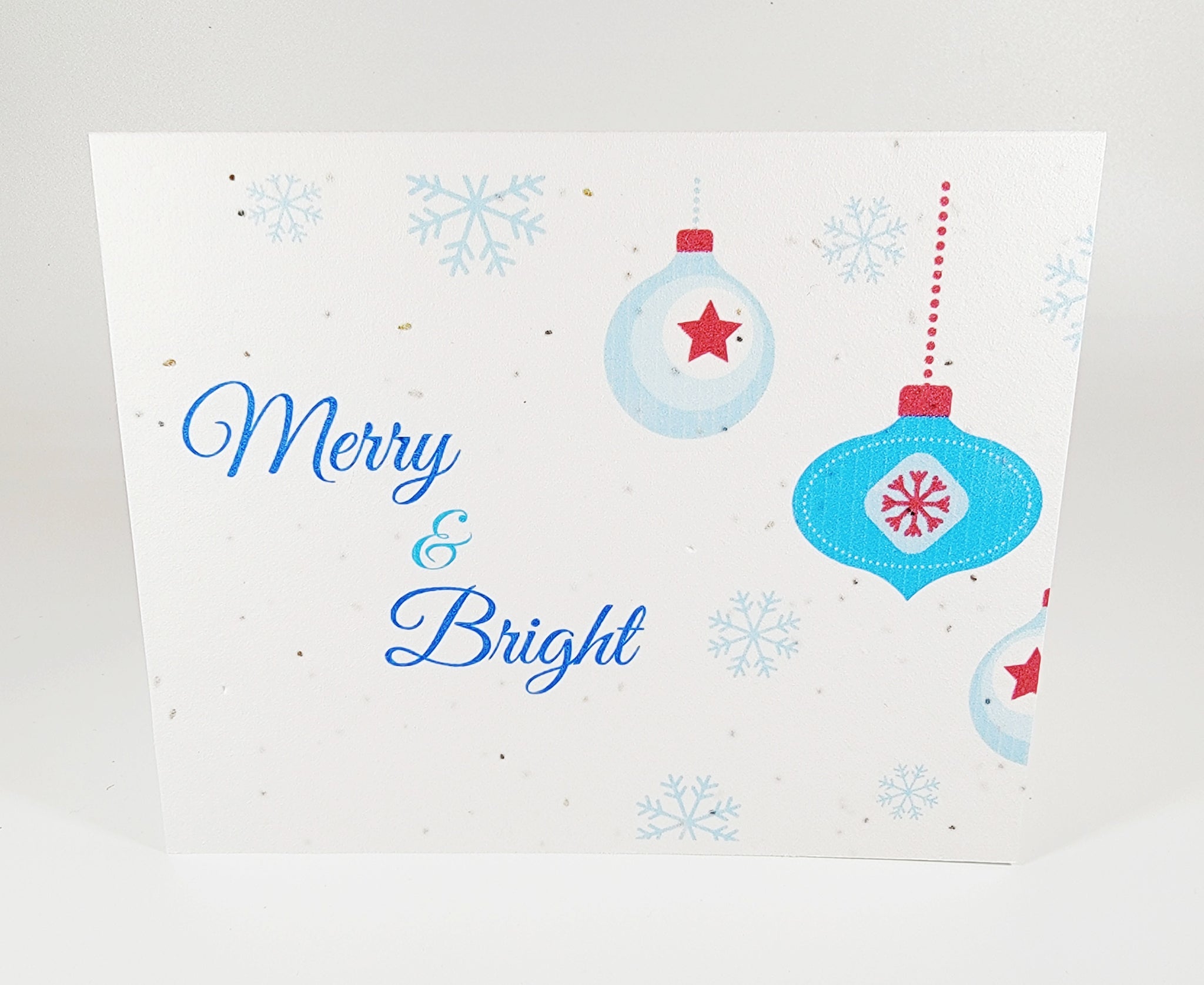 Plantable seed paper card Merry & Bright with blue ornaments and snowflakes