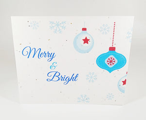 Plantable seed paper card Merry & Bright with blue ornaments and snowflakes