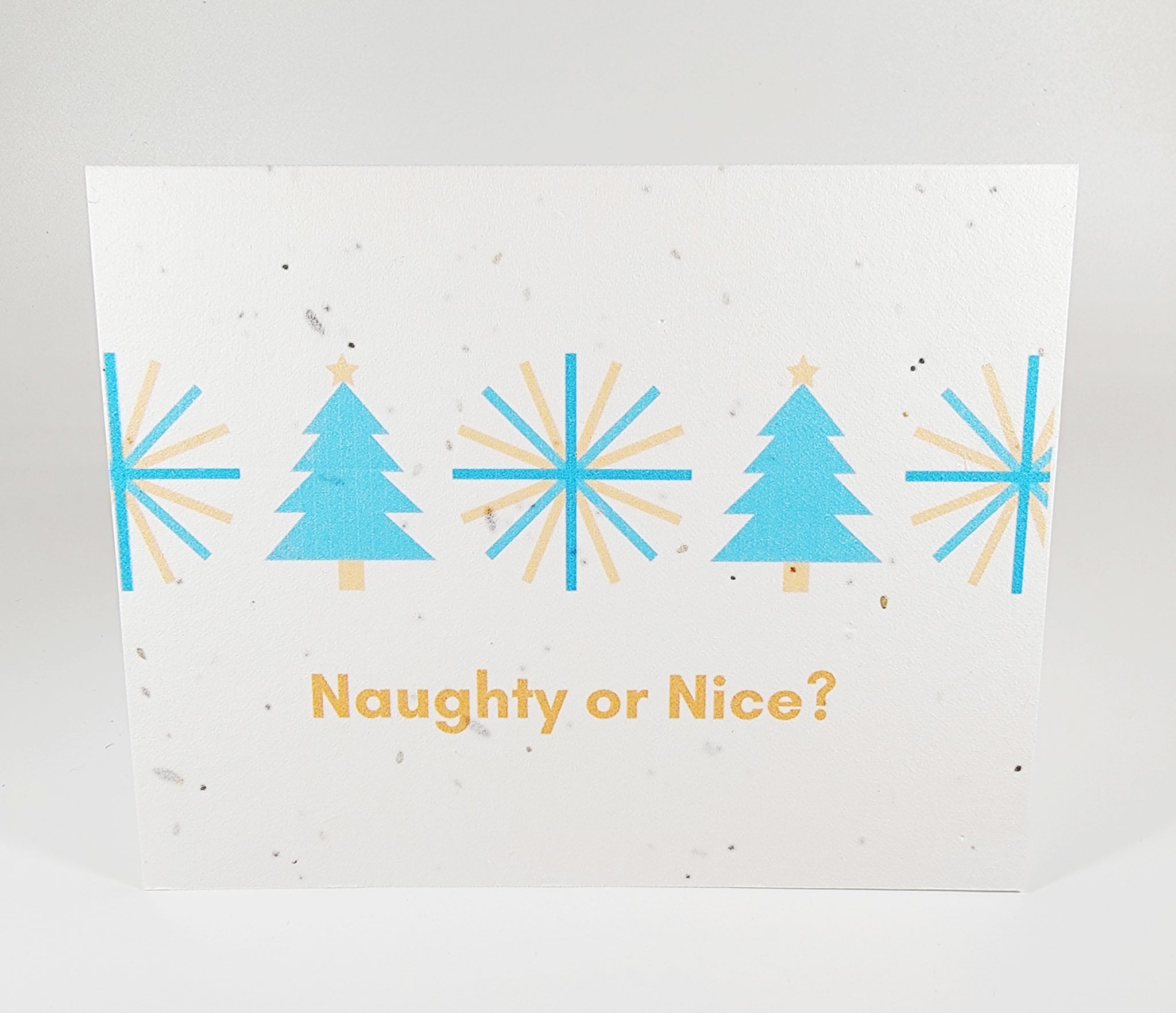 Plantable seed paper card blue Christmas trees and snowflakes Naughty or Nice?