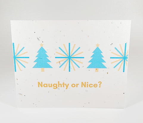 Plantable seed paper card blue Christmas trees and snowflakes Naughty or Nice?