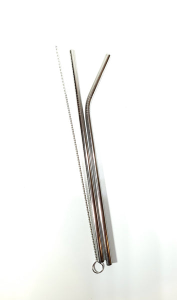 2 regular width stainless steel straws with cleaning brush.