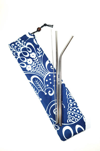 3 pack straw set - two regular width stainless steel straws and cleaning brush in blue and white carrying bag.
