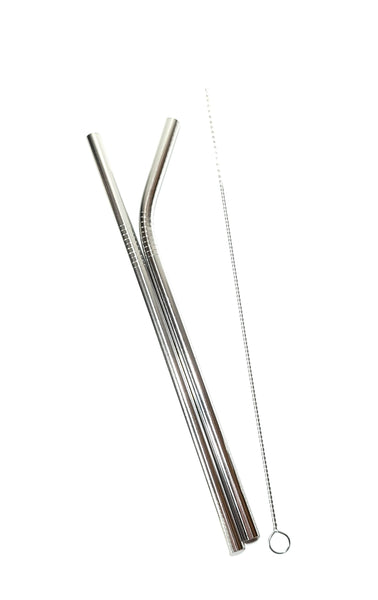 2 medium width stainless steel straws and straw cleaning brush