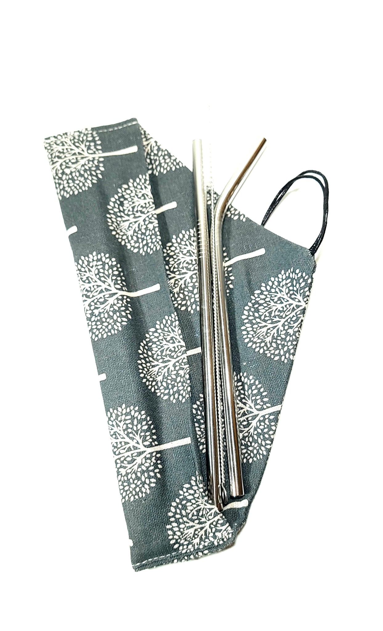 3 pack straw pack - 2 medium width stainless steel straws and straw cleaning brush in blue wrap bag with white trees on it.