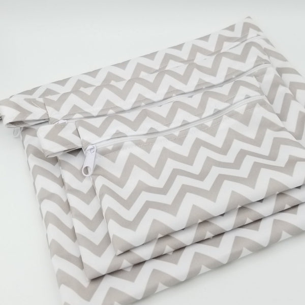 3 pack reusable waterproof food grade safe bags with grey chevron pattern.