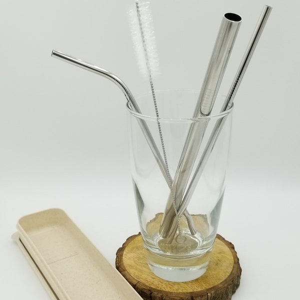 Content from pack - 3 different Straws and straw brush  in clear glass and open case.