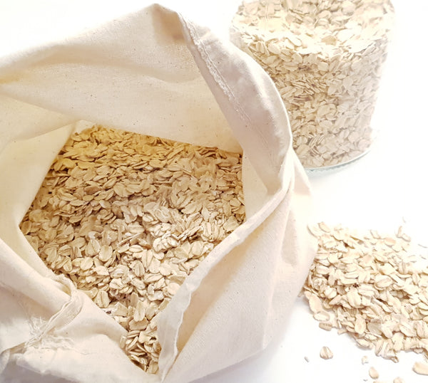 2 pack bulk bags made out of 100% cotton. The bag in the photo is filled with oats.